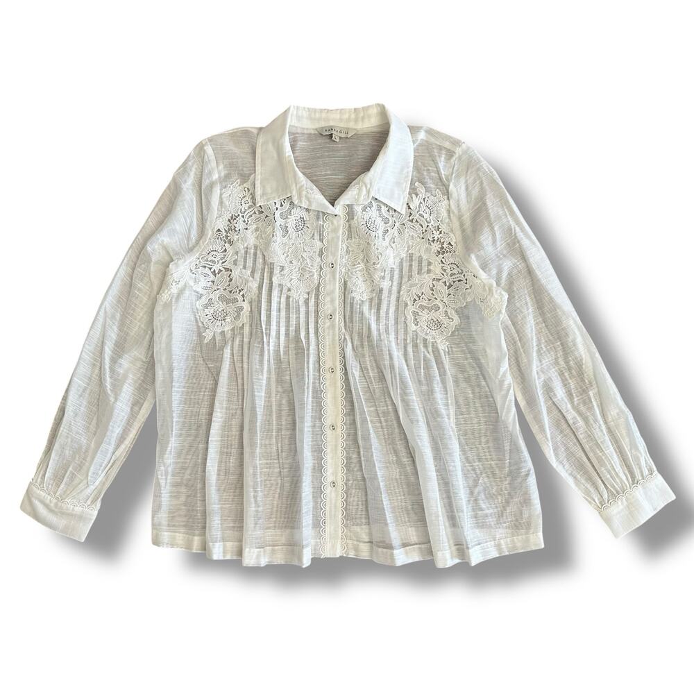 Ranna‎ Gill White Embroidered Sheer Blouse L Lace Floral Boho Top